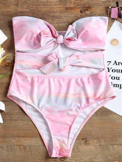 Sexy Beach Bandeau Bow One Piece Swimwear Cute Pink Wire Free Women