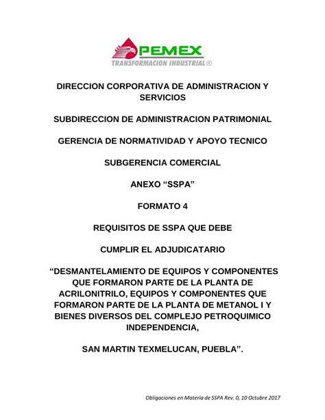 Pdf Pemex Direccion Corporativa De Obligaciones En Materia De Sspa Rev 0 10 Octubre