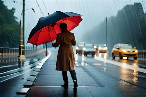 Un Hombre Camina Por La Calle Con Un Paraguas Bajo La Lluvia Foto