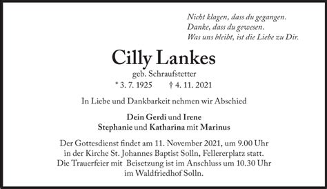 Traueranzeigen Von Cilly Lankes SZ Gedenken De