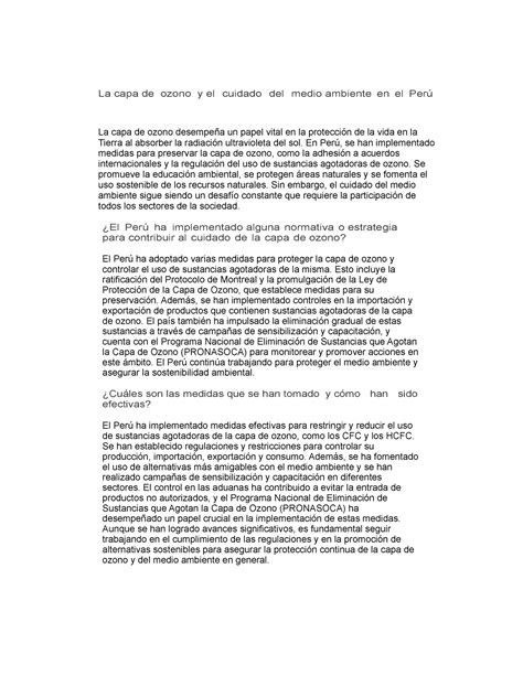 La capa de ozono y el cuidado del medio ambiente en el Perú En Perú