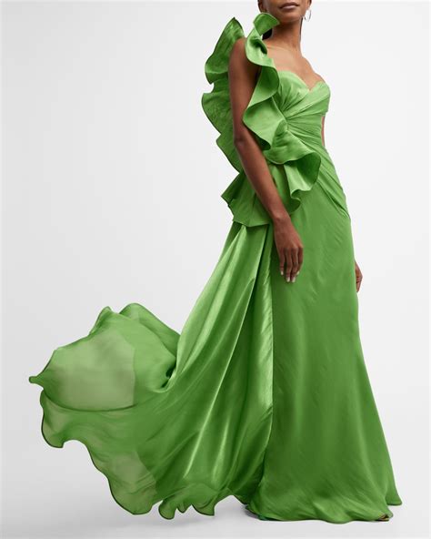 Badgley Mischka Collection Botanical Leaf Ruched Ruffle Sweetheart Gown