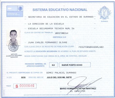 Certificado De Secundaria Sep