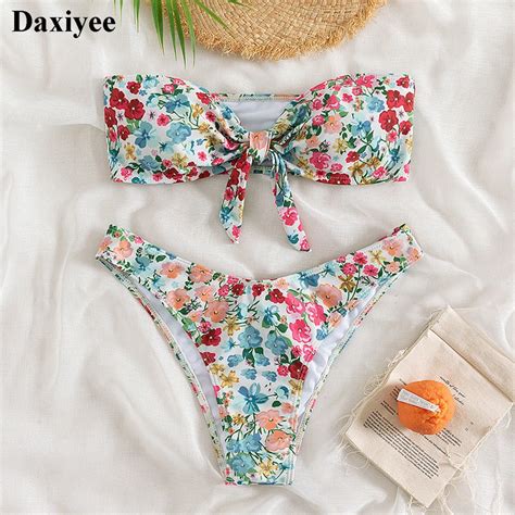 Floral Print Bandeau Bikini Set Off Shoulder Push Up Swimsuit Women