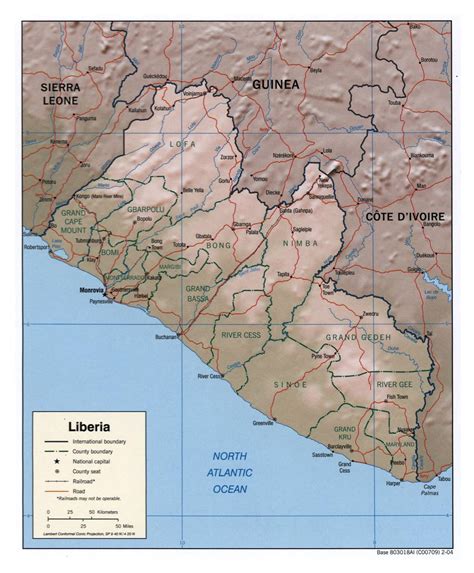 Large Detailed Physical Map Of Liberia With Roads Vidianicom Maps Images