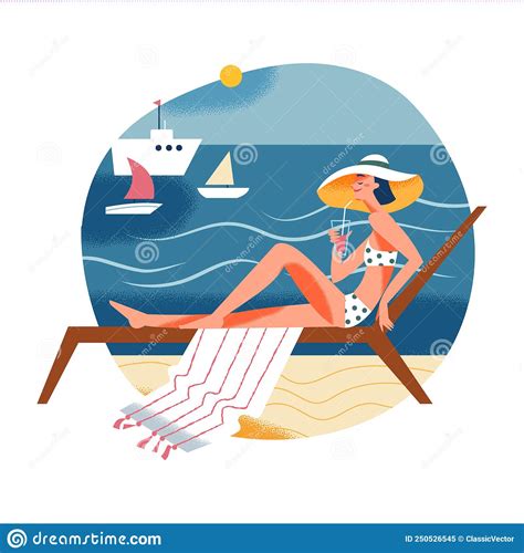 Relaxamento Da Praia Do Mar De Uma Garota Feliz Banheira Do Sol Em Bikini E Aquela Dama Deitada