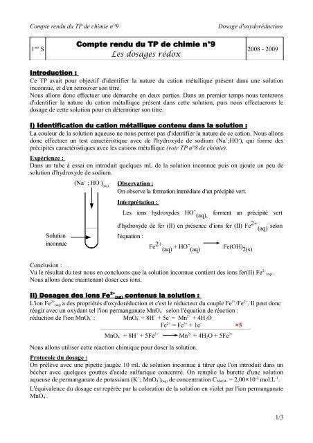 Compte rendu du TP de chimie nÂ9 Les dosages rÃdox