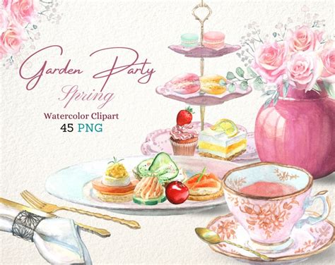 Watercolor Tea Party Clipart Pink Rose Tea Party Set Wedding Etsy