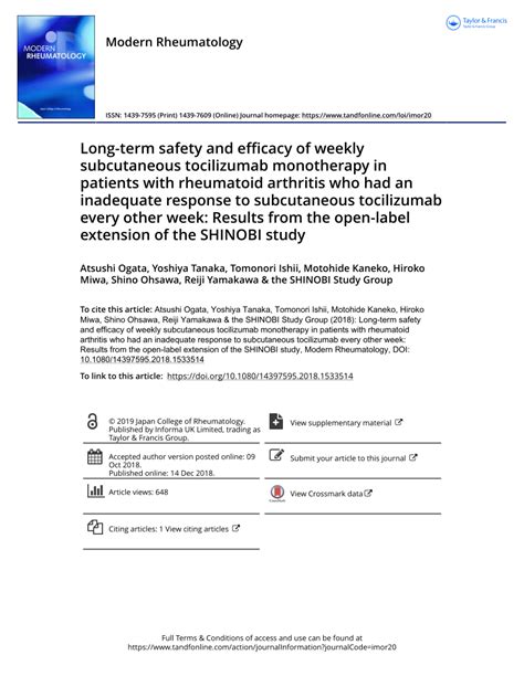 Pdf Long Term Safety And Efficacy Of Weekly Subcutaneous Tocilizumab