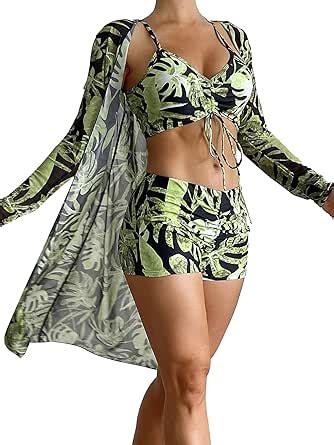 Amazon Rooscier Women S Pcs Swimsuit Printed Ruched Long Sleeve Robe Bikini Shorts