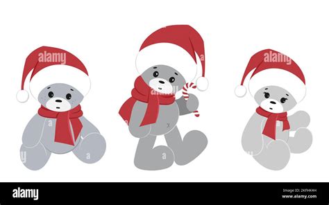 A Set Of Teddy Bears In A Santa Claus Hat With A Lollipop In Their Paws