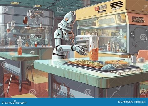 A Robot Chef Preparing Food In A 1950s Style Diner Generative Ai Stock