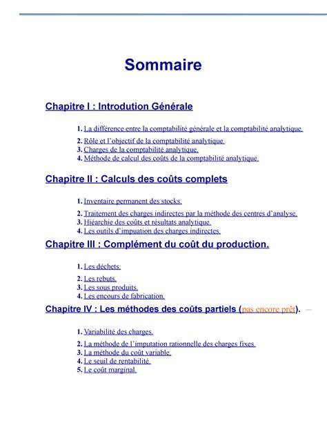 Comptabilit Analytique Sommaire Chapitre I Introdution G N Rale