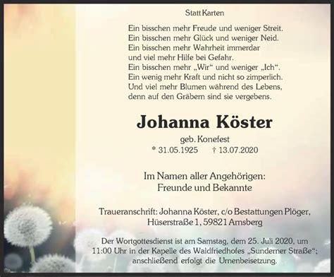 Traueranzeigen Von Johanna K Ster Trauer In Nrw De