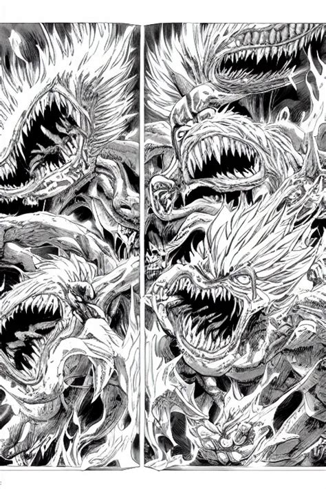 Manga Double Spread Illustration Of A Flaming Monster Stable