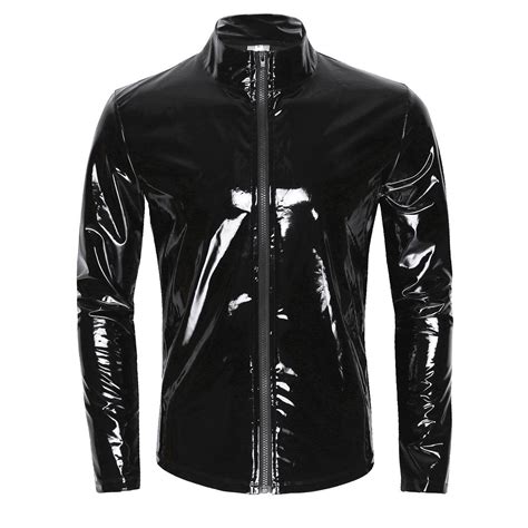 Inhzoy Men S Shiny Metallic Pvc Leather Zipper Front Latex Rubber Coat