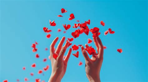 Red Paper Hearts Hands Throwing Hearts Love Concept Heart Confetti