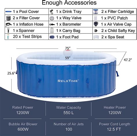 Relxtime Inflatable Portable Hot Tub 2 Person Outdoor Air Jet Spa Oval Blow Up Hottubs With 100