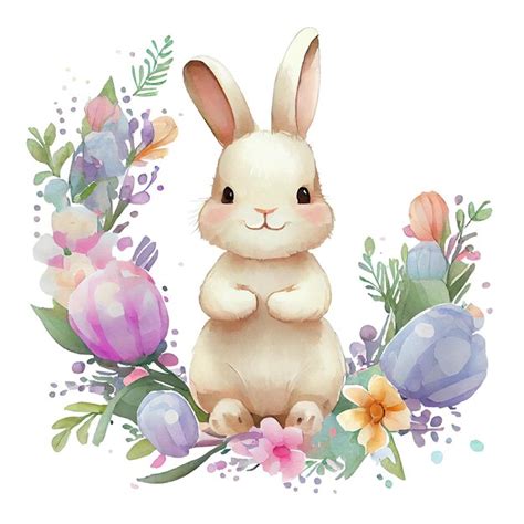 Lapin Mignon Aquarelle Avec Personnage Animal De Dessin Animé De Fleurs