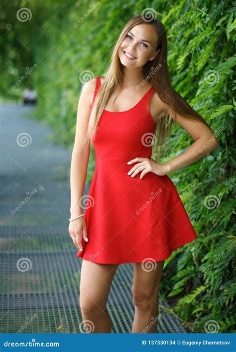 Beautiful Girl Outdoors In Red Dress Stock Photo Image Of Fashion