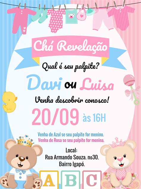 Convite De Chá Revelação Ursinho Príncipe E Ursinha Princesa Edite Grátis Com Nosso Edit