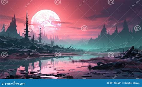 A Painting of a Landscape with a Full Moon, AI Stock Illustration ...