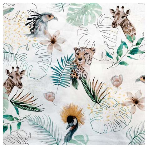 Tissu Coton Savana Motifs Animaux Et Jungle Fond Blanc Oeko Tex