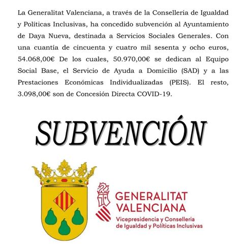 LA GENERALITAT VALENCIANA CONCEDE SUBVENCIÓN A BIENESTAR SOCIAL Ayto