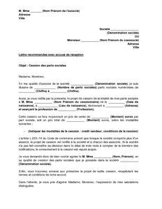 Lettre De Notification D Un Projet De Cession De Parts Sociales