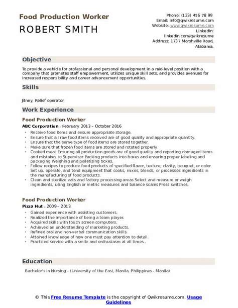 Food Production Worker Resume Samples Qwikresume