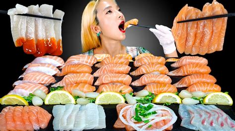 Mukbang 모듬회세트먹방 Raw Fish assorted sashimi salmon 연어 광어 우럭 모듬회 연어초밥