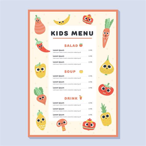 Kids Menu Cute Colorful Hand Drawn Vector Template Kids Menu Design