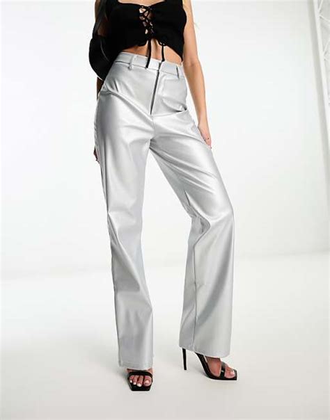 Missy Empire Leather Look Straight Leg Pants In Silver Asos