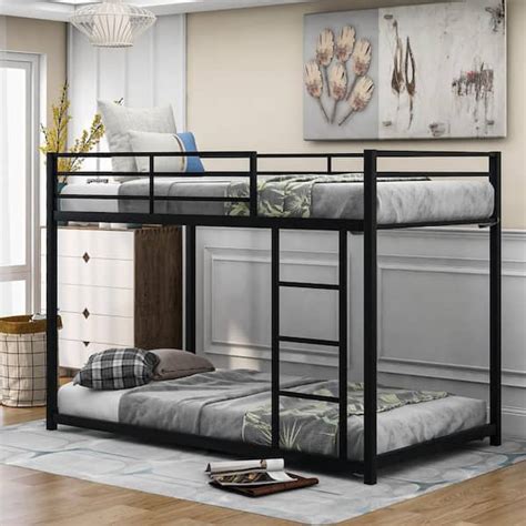 Harper Bright Designs Black Twin Over Twin Metal Low Bunk Bed With