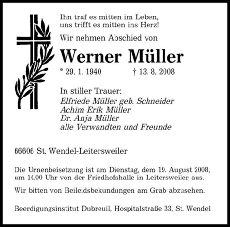 Traueranzeigen Von Werner M Ller Saarbruecker Zeitung Trauer De