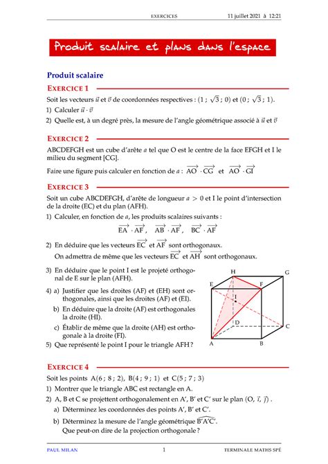 Exos Produit Scalaire Plans Espace Exercices Juillet