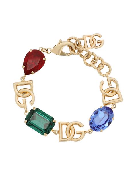 Dolce Gabbana Logo Charm Crystal Embellished Bracelet Gold