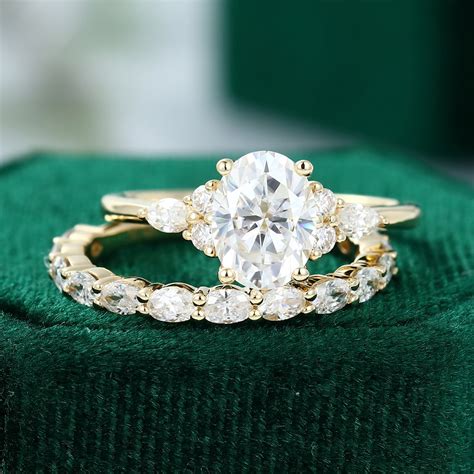 14k Yellow Gold Wedding Ring Sets Moissanite Oval cut - MollyJewelryUS