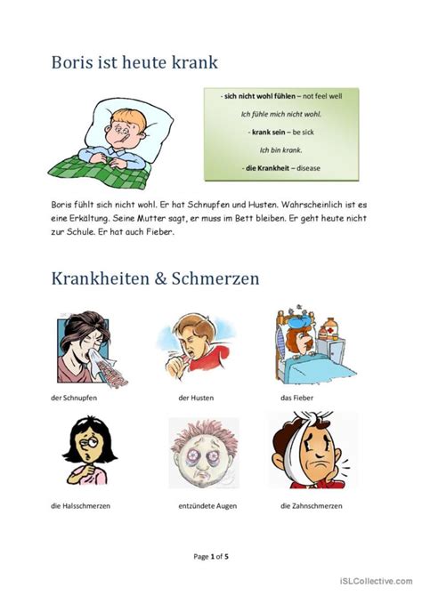 Krankheiten und Schmerzen beim Arzt Deutsch DAF Arbeitsblätter pdf doc