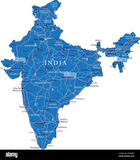 India Mapa Vectorial Muy Detallado Con Regiones Administrativas