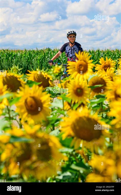 Nice Senior Woman Cycling With Her Electric Mountain Bike In A Blooming