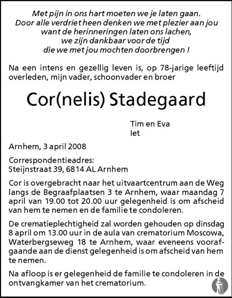 Cornelis Cor Stadegaard Overlijdensbericht En Condoleances