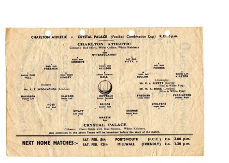 Charlton Athletic V Crystal Palace Reserves Programme