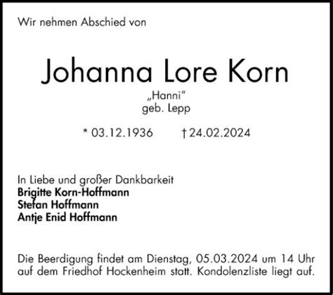 Traueranzeigen Von Johanna Lore Korn Trauerportal Ihrer Tageszeitung