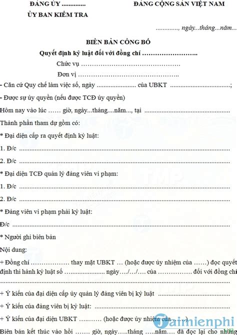 Mẫu Biên Bản Công Bố Quyết định Kỷ Luật Đảng Viên Taimienphivn