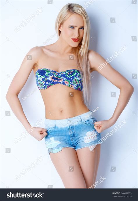 Blond Sexy Woman Short Jeans Bikini Stock Photo Shutterstock