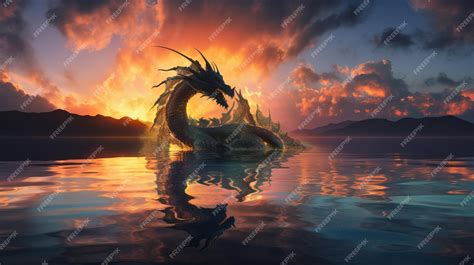 premium photo  dragon floating   water   sunset