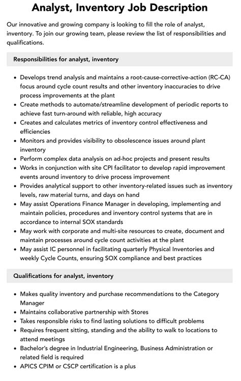 Analyst Inventory Job Description Velvet Jobs