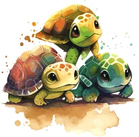 Cute Watercolor Turtles Hand Drawn Watercolor Vector Drawing Splash