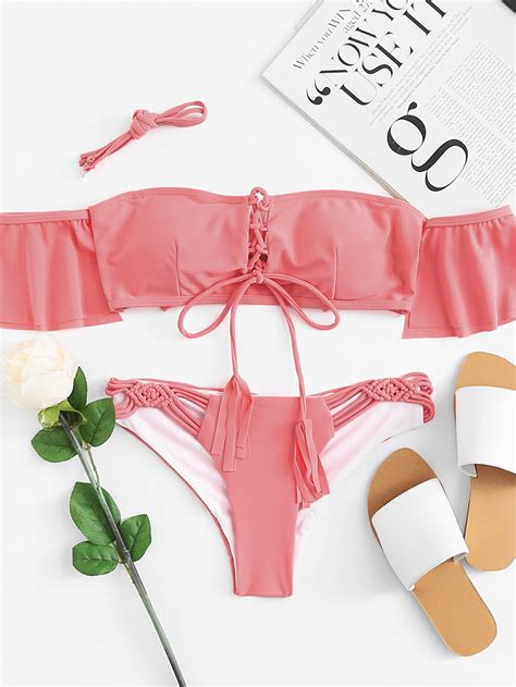 Lace Up Woven Bikini Set Shein Sheinside